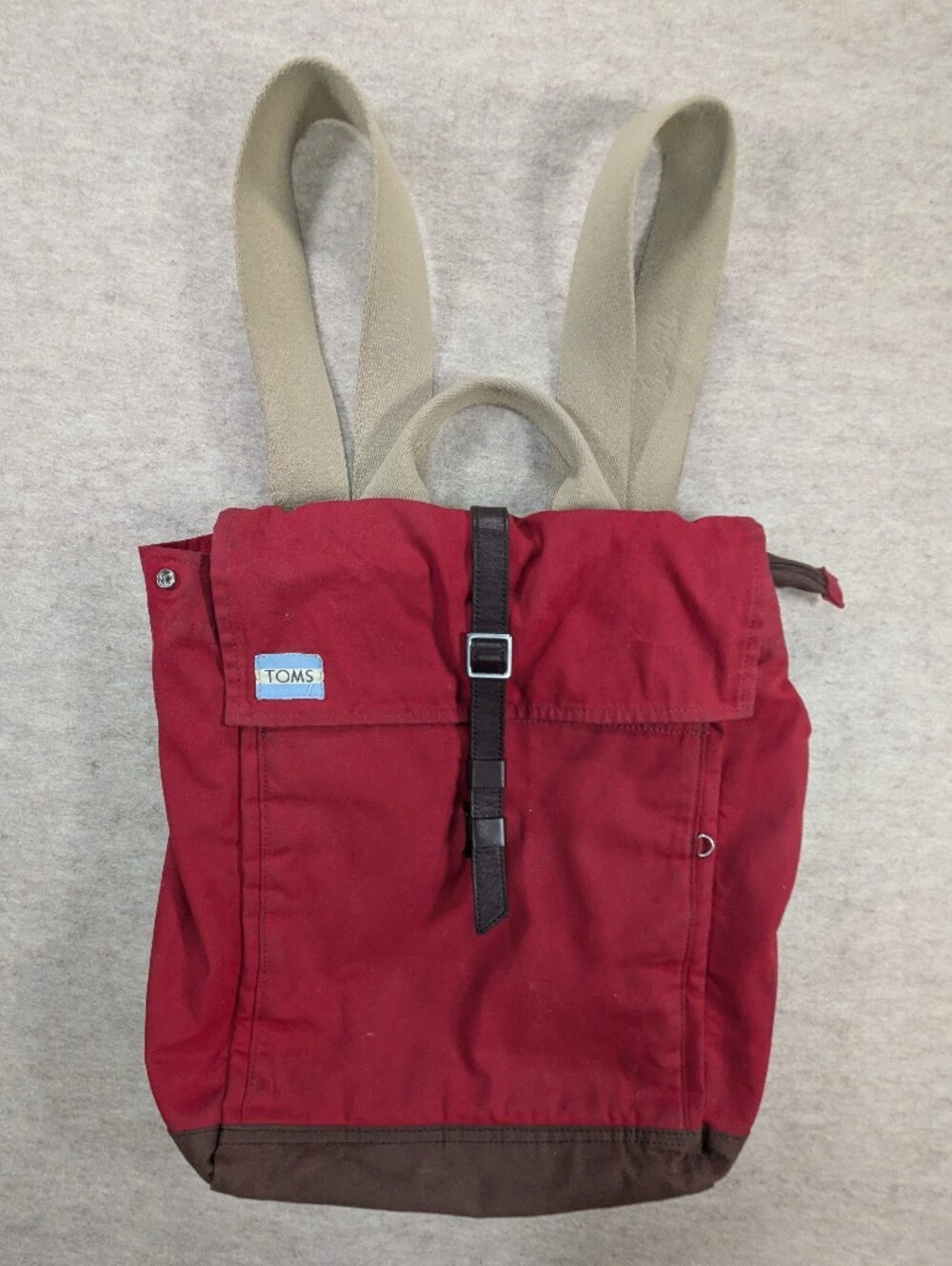 TOMS Red Canvas Trekker Utility Backpack Bag Brown Trim Laptop  Hiking Travel